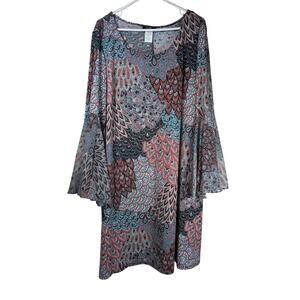 MSK Paisley Peacock Print Bohemian Bell Dress Split Flutter Sleeve Size 2XL